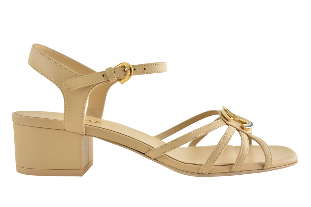 Chanel 25P Beige Leather Crystal Black CC Logo Ankle Strap Block Heel Sandal 37